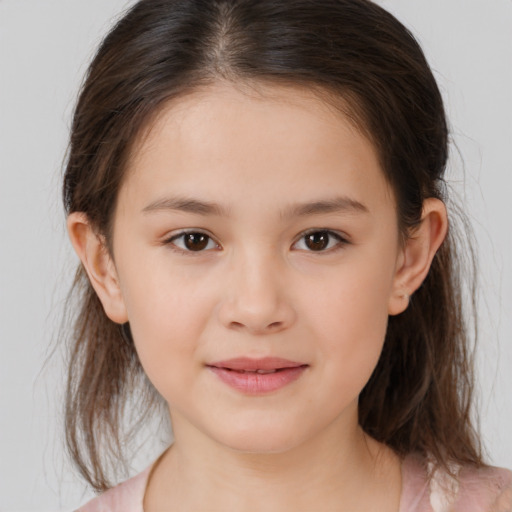 Joyful white child female with medium  brown hair and brown eyes