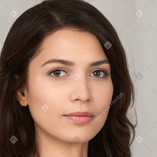 Neutral white young-adult female with long  brown hair and brown eyes