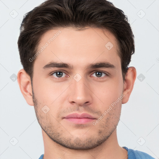 Neutral white young-adult male with short  brown hair and brown eyes