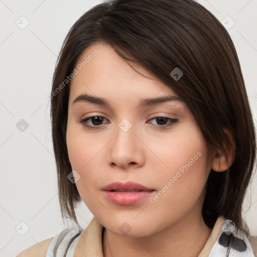 Neutral white young-adult female with medium  brown hair and brown eyes