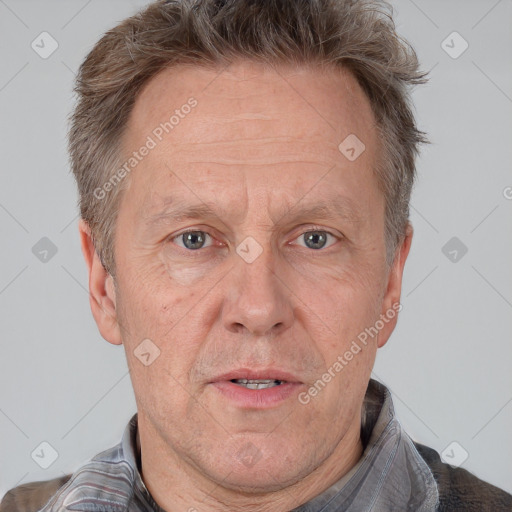 Neutral white middle-aged male with short  brown hair and grey eyes