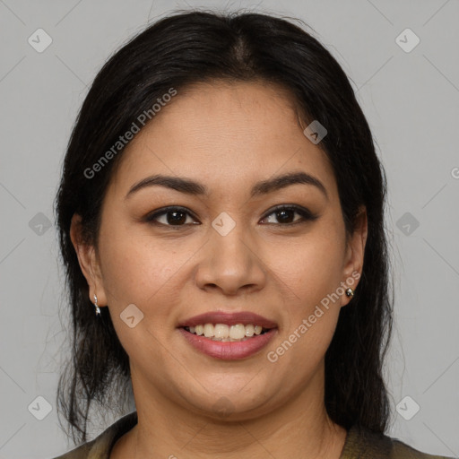 Joyful white young-adult female with medium  brown hair and brown eyes