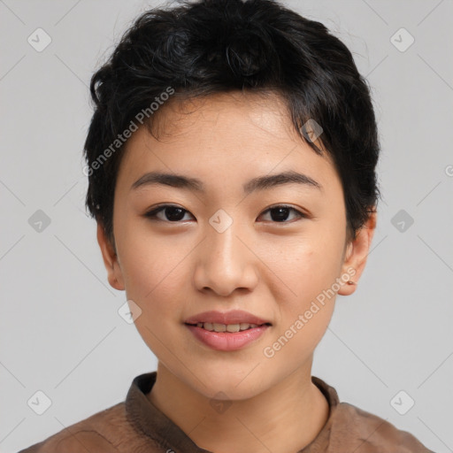 Joyful asian young-adult female with short  black hair and brown eyes