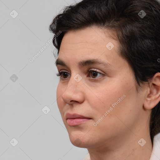 Neutral white young-adult female with short  brown hair and brown eyes