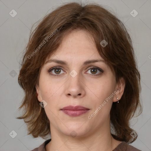 Neutral white young-adult female with medium  brown hair and brown eyes