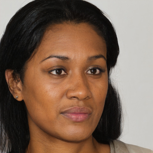 Neutral asian young-adult female with medium  black hair and brown eyes