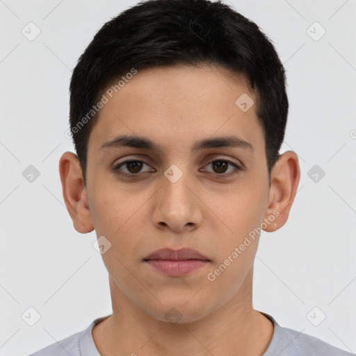 Neutral latino young-adult male with short  black hair and brown eyes