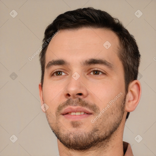 Neutral white young-adult male with short  brown hair and brown eyes