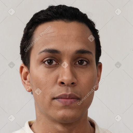 Neutral latino young-adult male with short  black hair and brown eyes