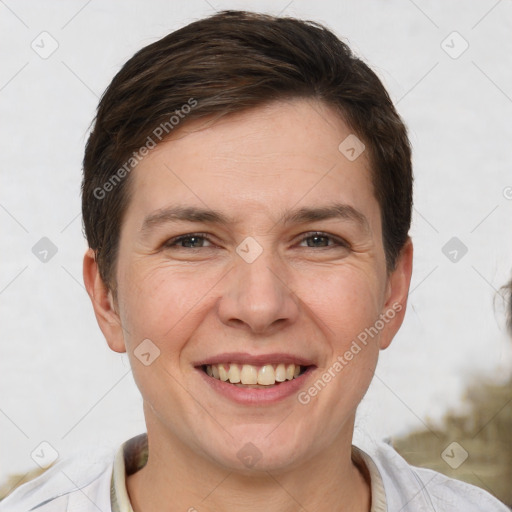 Joyful white adult female with short  brown hair and brown eyes