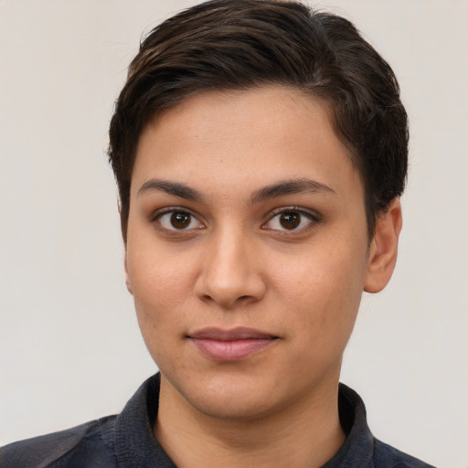 Neutral white young-adult female with short  brown hair and brown eyes