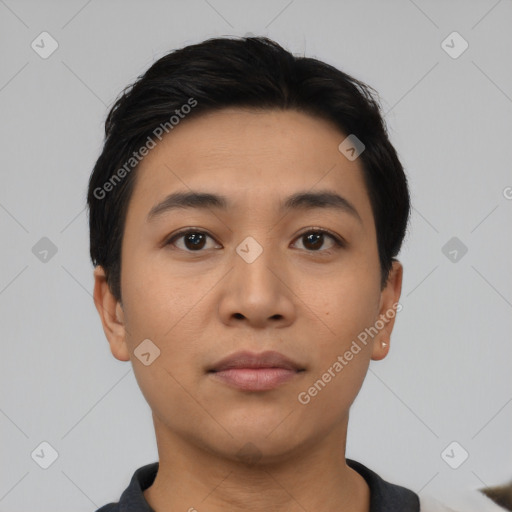 Neutral asian young-adult male with short  black hair and brown eyes