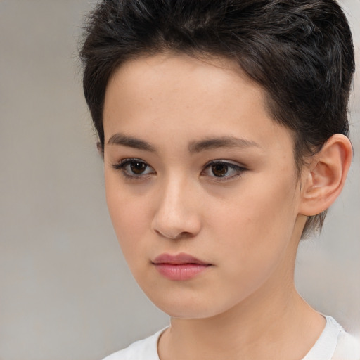 Neutral white young-adult female with short  brown hair and brown eyes