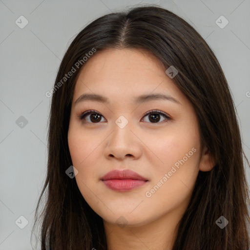 Neutral asian young-adult female with long  brown hair and brown eyes