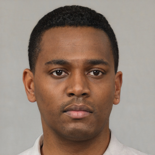 Neutral black young-adult male with short  black hair and brown eyes