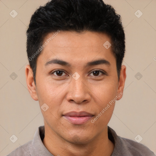 Joyful latino adult male with short  black hair and brown eyes