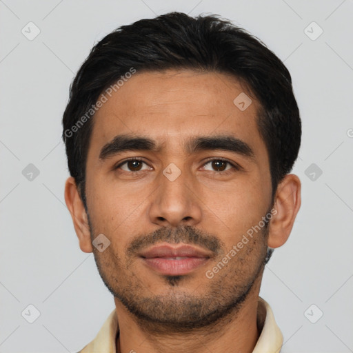 Neutral latino young-adult male with short  black hair and brown eyes