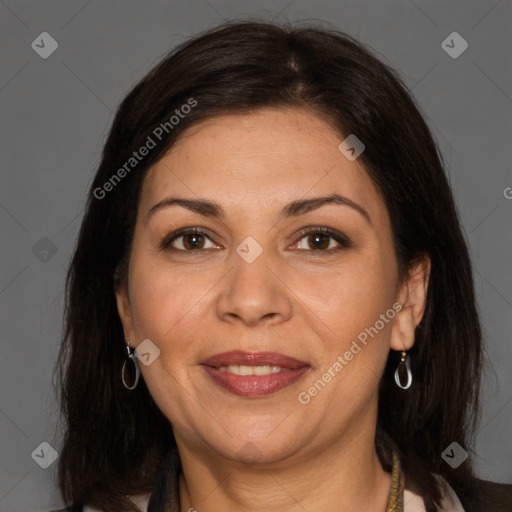 Joyful white adult female with medium  brown hair and brown eyes