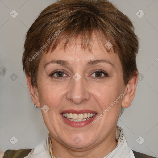 Joyful white adult female with short  brown hair and brown eyes