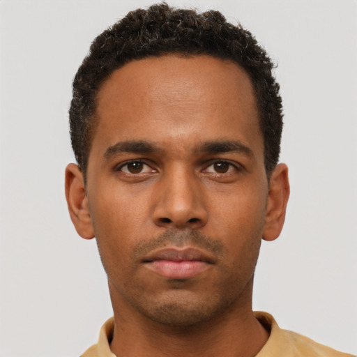 Neutral black young-adult male with short  brown hair and brown eyes