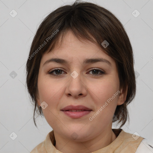 Joyful white young-adult female with medium  brown hair and brown eyes