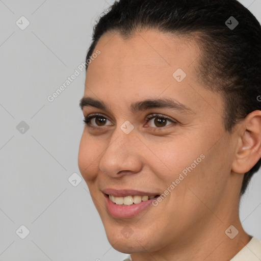 Joyful white young-adult female with short  brown hair and brown eyes