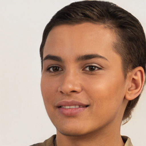 Joyful white young-adult female with short  brown hair and brown eyes