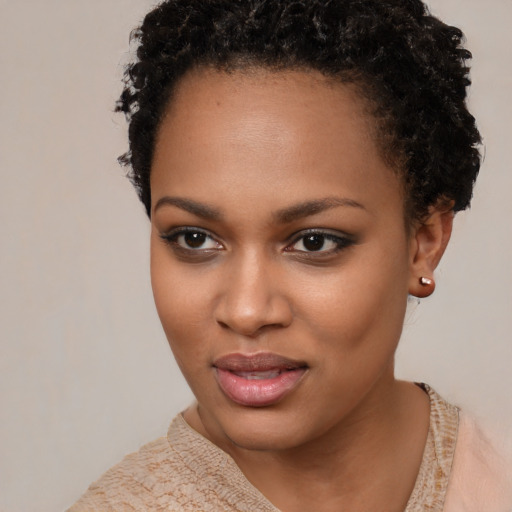 Neutral black young-adult female with short  black hair and brown eyes