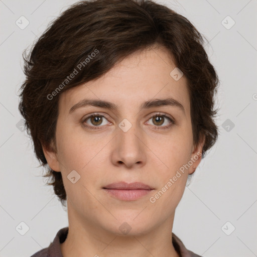 Neutral white young-adult female with short  brown hair and brown eyes