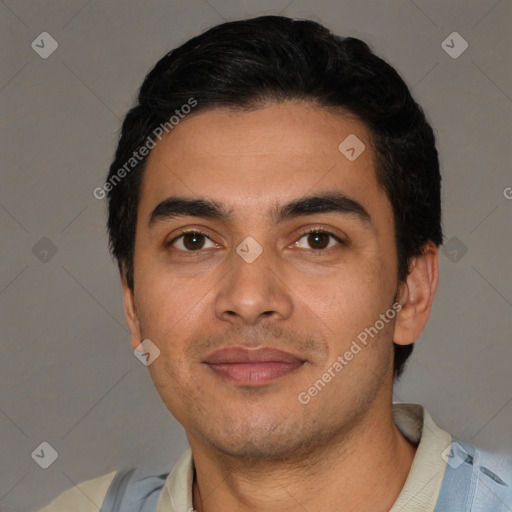 Joyful latino young-adult male with short  black hair and brown eyes