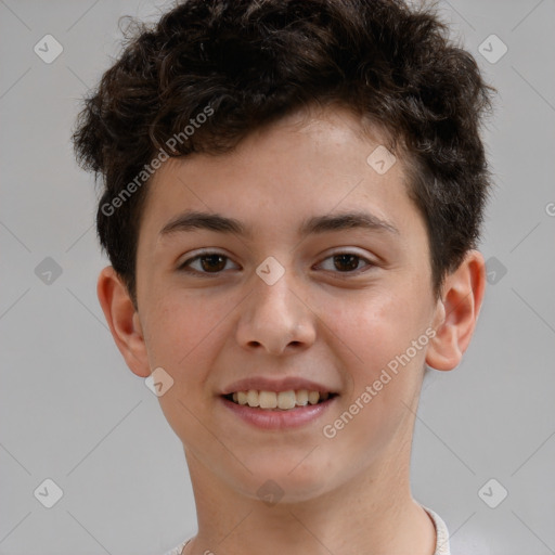 Joyful white child male with short  brown hair and brown eyes