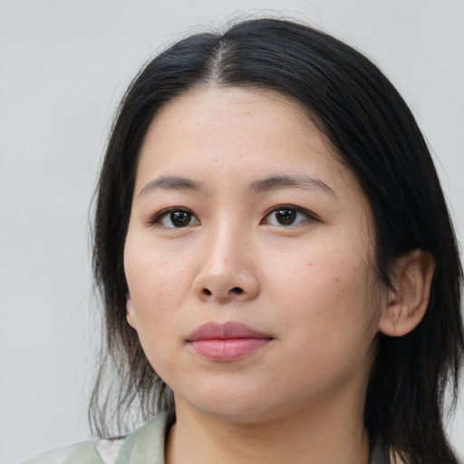 Neutral asian young-adult female with medium  black hair and brown eyes