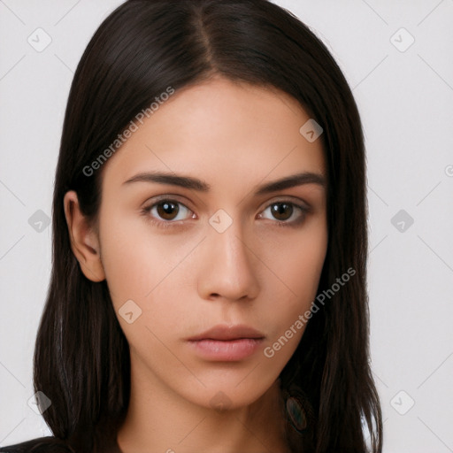 Neutral white young-adult female with long  brown hair and brown eyes