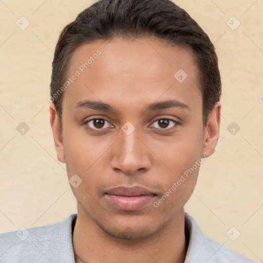 Neutral white young-adult male with short  brown hair and brown eyes