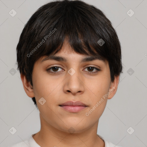 Neutral asian young-adult female with short  brown hair and brown eyes