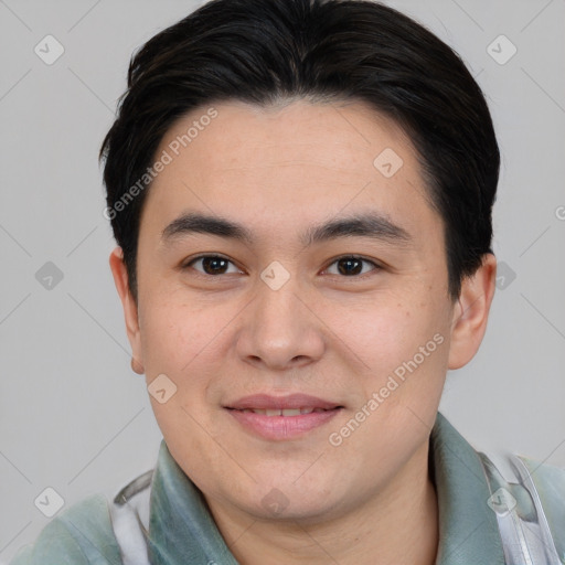 Joyful asian young-adult male with short  brown hair and brown eyes