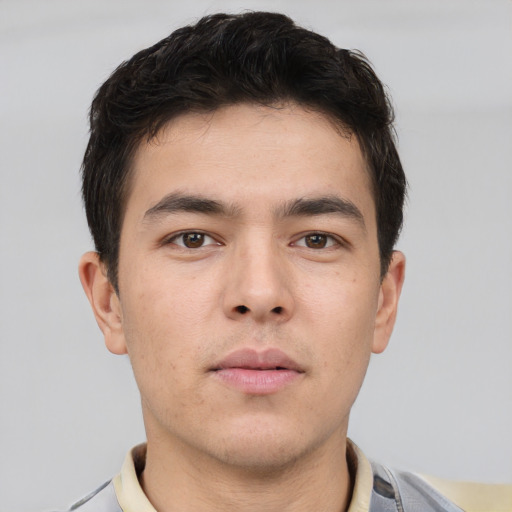 Neutral asian young-adult male with short  brown hair and brown eyes
