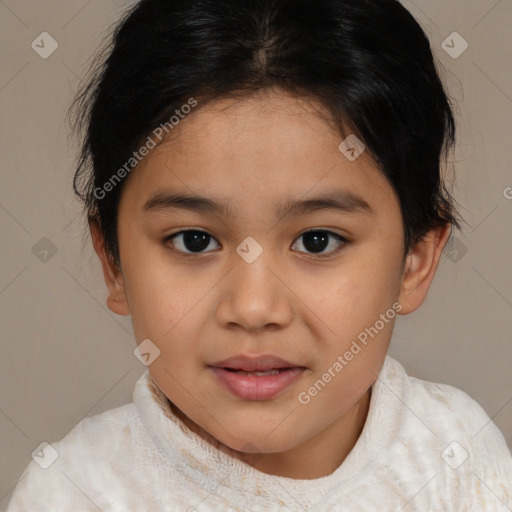 Joyful white child female with medium  brown hair and brown eyes