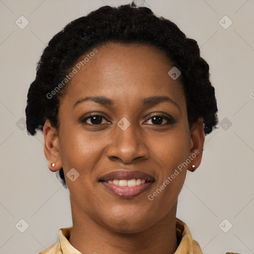 Joyful black young-adult female with short  brown hair and brown eyes