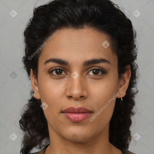 Joyful latino young-adult female with medium  brown hair and brown eyes