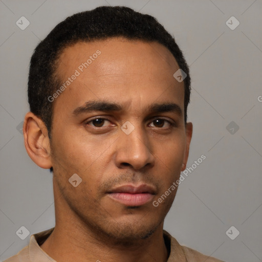 Neutral white young-adult male with short  black hair and brown eyes
