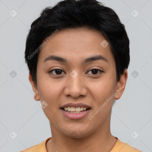 Joyful asian young-adult female with short  black hair and brown eyes