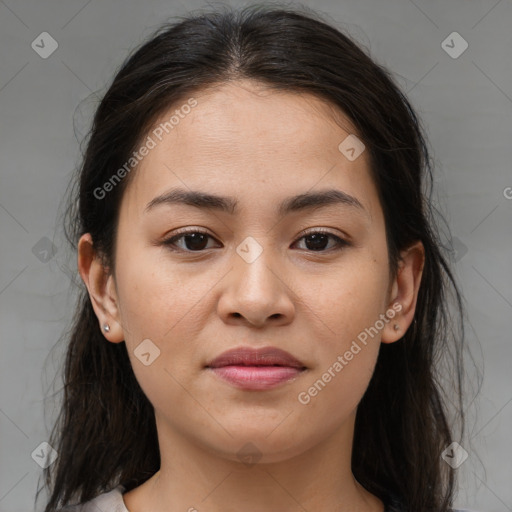 Joyful asian young-adult female with medium  brown hair and brown eyes