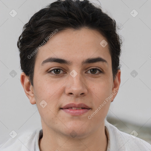 Joyful white young-adult female with short  brown hair and brown eyes