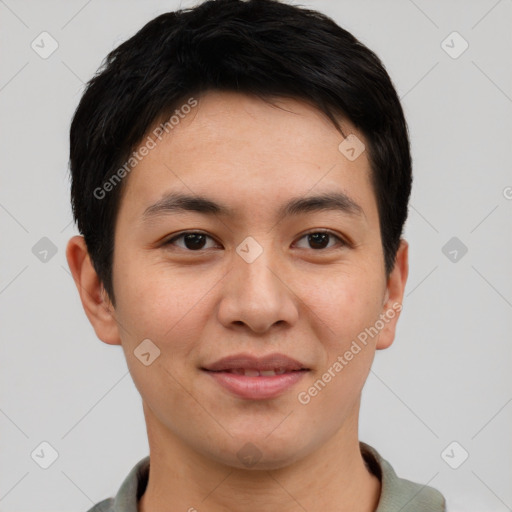 Joyful asian young-adult male with short  brown hair and brown eyes