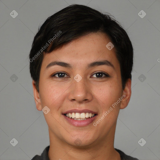 Joyful asian young-adult female with short  brown hair and brown eyes