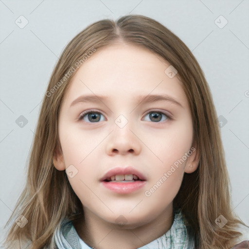 Neutral white child female with medium  brown hair and grey eyes