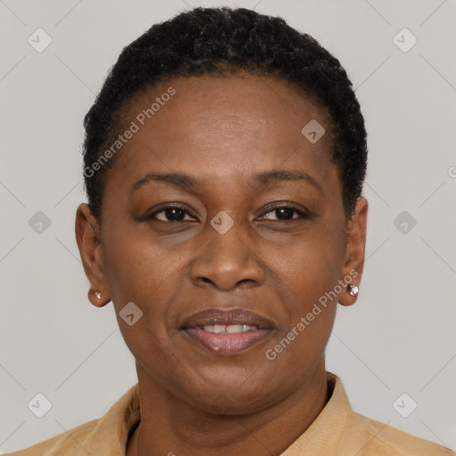 Joyful black adult female with short  brown hair and brown eyes