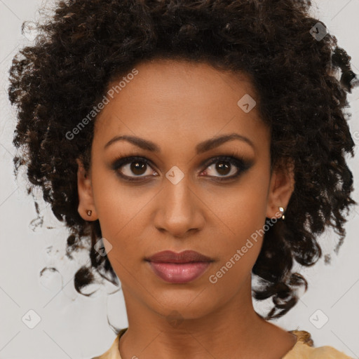 Neutral black young-adult female with medium  brown hair and brown eyes