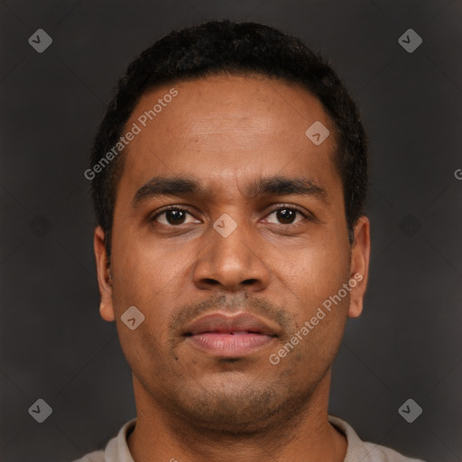 Neutral latino young-adult male with short  black hair and brown eyes